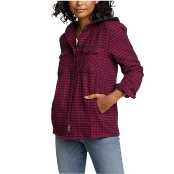 NWT Eddie Bauer‎ Flannel Hoodie Shirt Jacket Size XS Color Wine - Picture 1 of 5